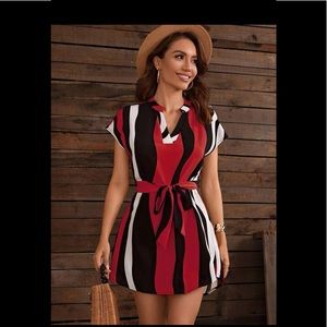 Striped self tie notched dress